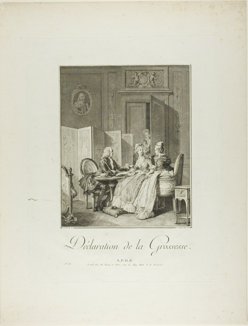 Ogłoszenie ciąży, z Monument du Costume Physique et Moral de la fin du Dix-huitième siècle autorstwa Pietro Antonio Martini