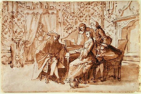 Muzyczna impreza (pióro i brąz przemyj czarną kredą na papierze) autorstwa Pietro Antonio Novelli