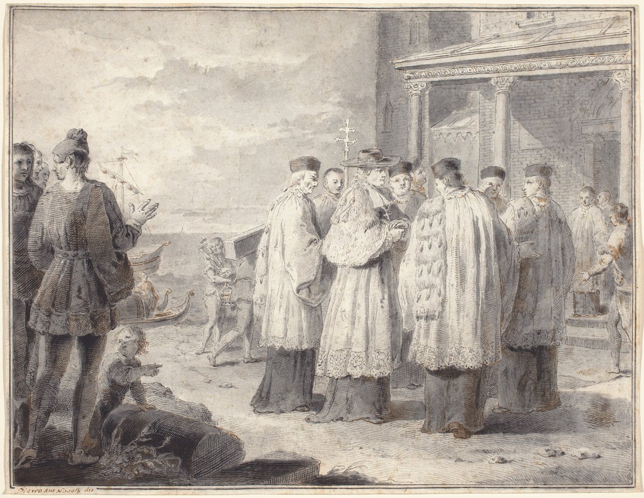 Paulinus, kardynał i patriarcha Akwilei, przenosi swoją siedzibę do Grado autorstwa Pietro Antonio Novelli