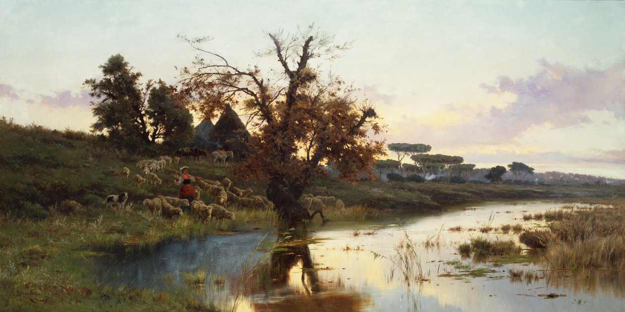 Stado o zachodzie słońca (olej na płótnie) autorstwa Pietro Barucci
