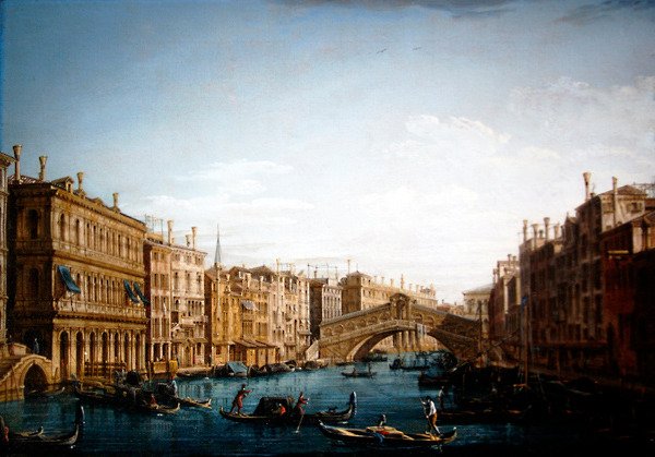 Canal Grande patrząc na północ w kierunku mostu Rialto (olej na płótnie) autorstwa Pietro Bellotti