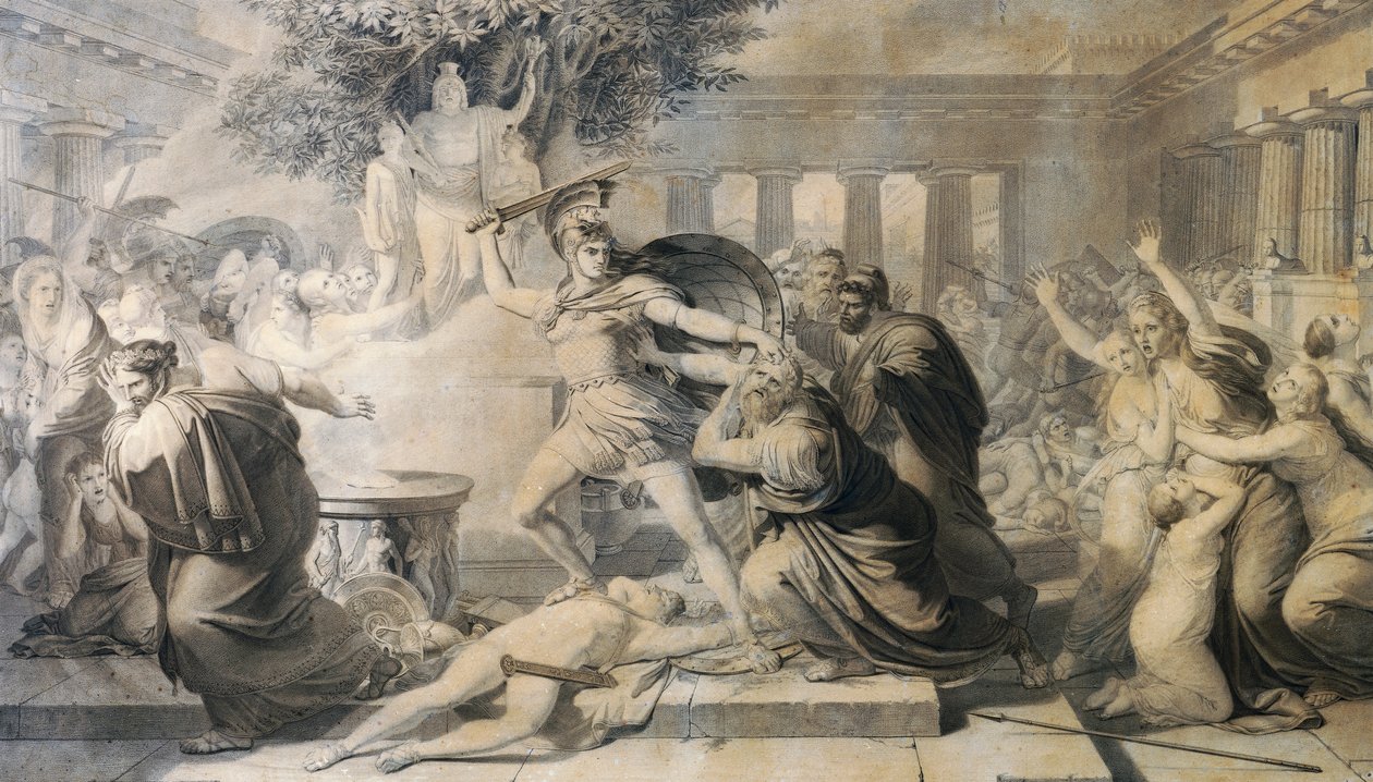 Śmierć Priama, Pietro Benvenuti (1769-1844), grafika z obrazu z 1811 r. autorstwa Pietro Benvenuti