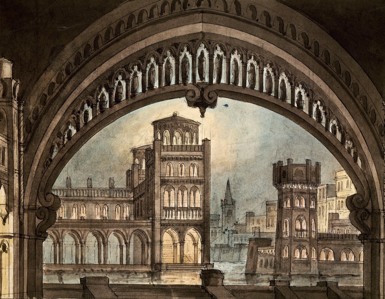 Scenografia do „La Straniera” Vincenzo Belliniego w teatrze Carignano w Turynie (pióro i atrament oraz akwarela na papierze) autorstwa Pietro Bertoja