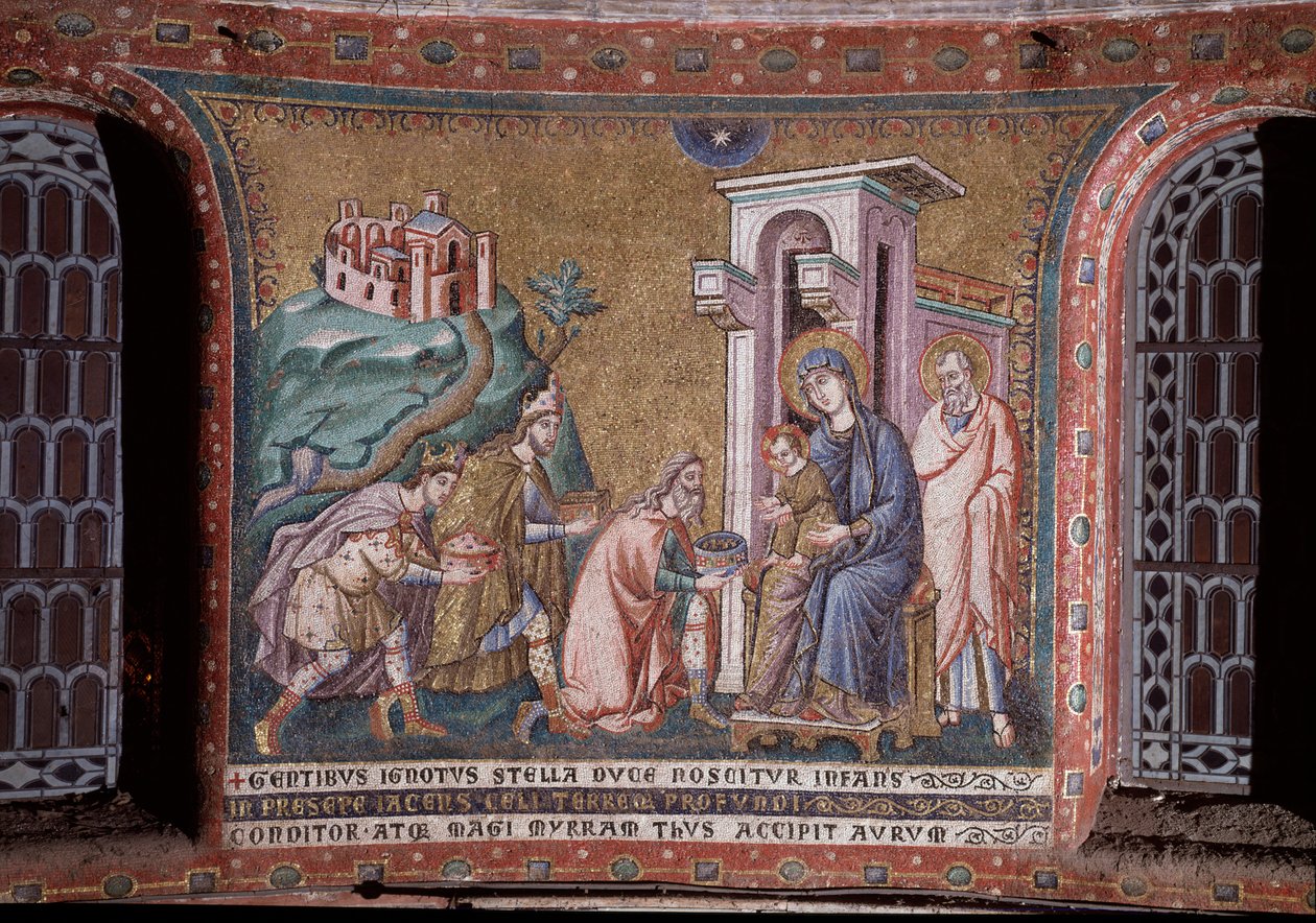 Adoracja Mozaikowych Trzech Króli z absydy Pietro Cavalliniego (czynna ok. 1273-1330) koniec XIII wieku (Adoracja Trzech Króli, mozaika z absydy Pietro Cavalliniego, koniec XIII w.) Rzym, kościół Santa Maria in Trastevere Włochy autorstwa Pietro Cavallini