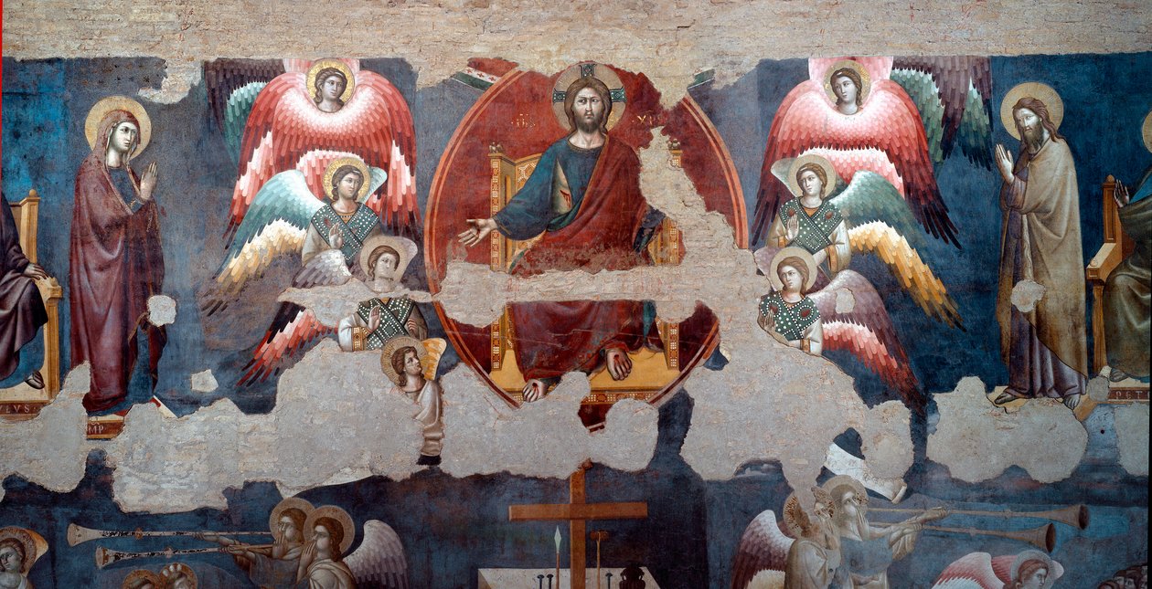 Sąd Ostateczny Trąbiący Chrystus otacza aniołów. Szczegół. Fresk Pietro de Cerroni dit Cavallini (aktywny około 1273-1321) 1293 Rzym, Santa Cecilia in Trastevere autorstwa Pietro Cavallini