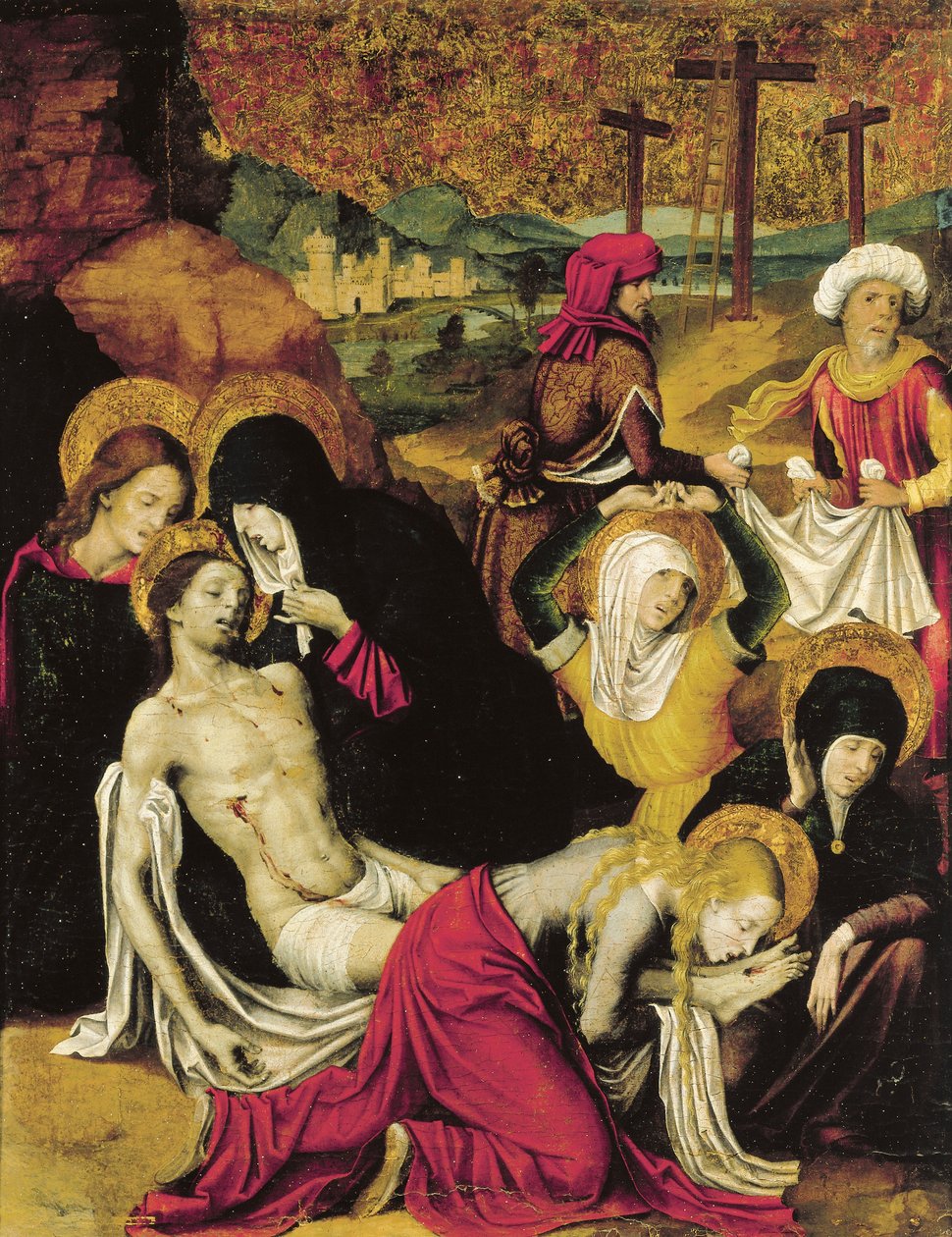Osadzanie Chrystusa, czyli Pieta Tanger, Pietro Cavaro (aktywny 1508-1538), tempera na desce autorstwa Pietro Cavaro