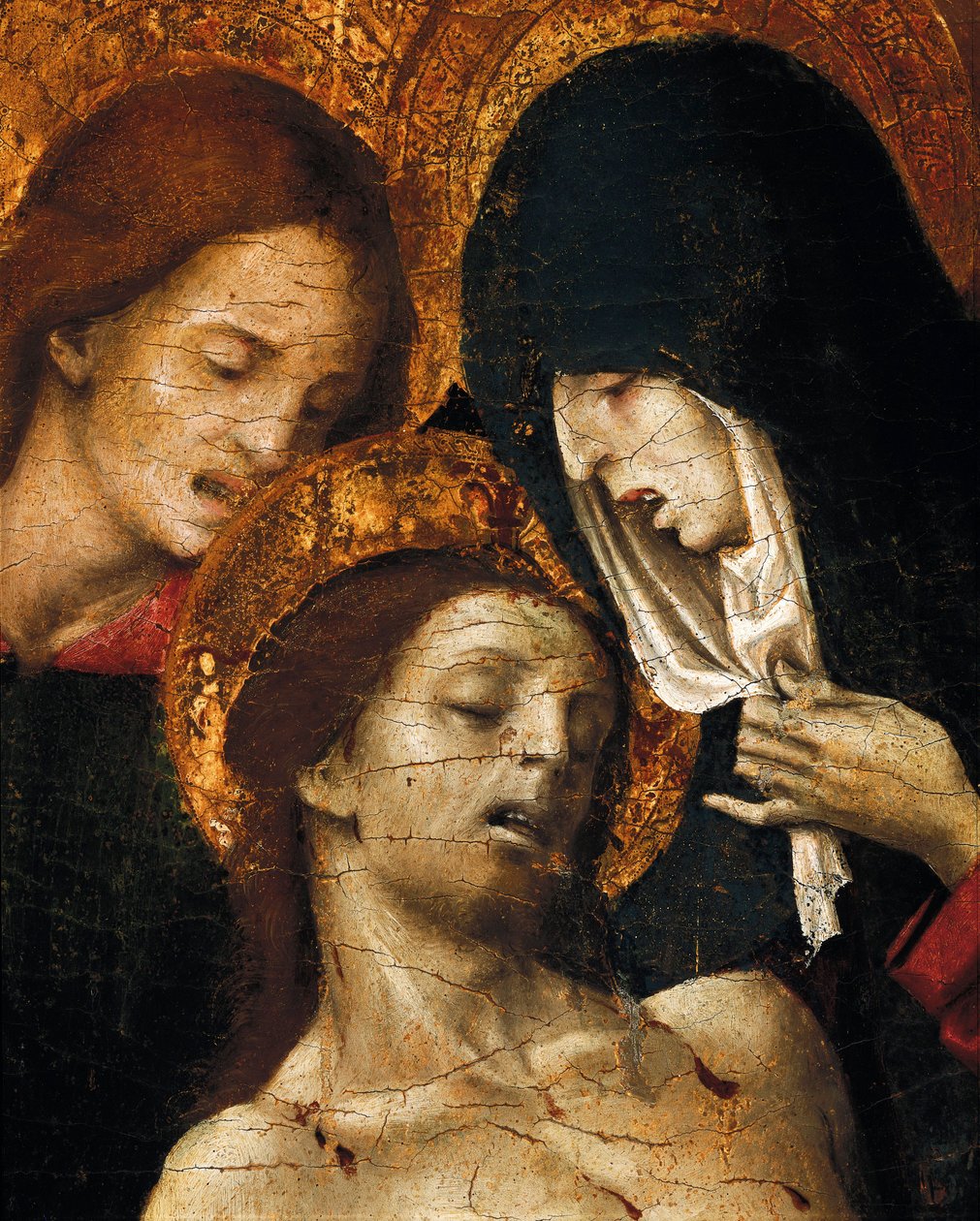 Zdjęcie z Krzyża (Deposizione), fragment św. Jana, Matki Boskiej i Chrystusa, początek XVI w. (tempera na panelu) autorstwa Pietro Cavaro