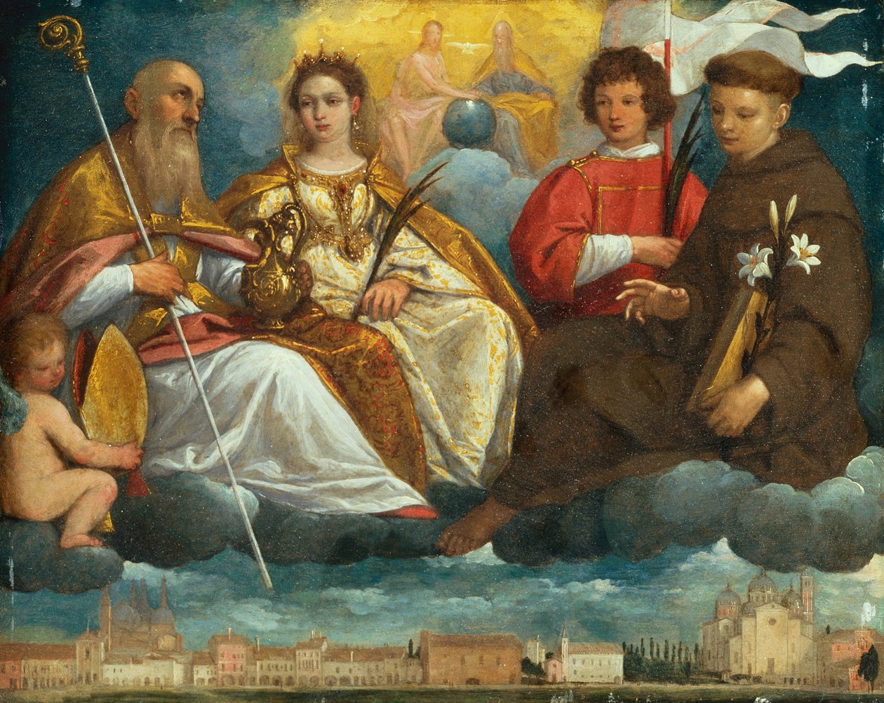 Św. Prosdocimus, Justyna, Daniel i Antoniusz z Padwy w chwale z widokiem na Prato della Valle, Padwa (olej na miedzi). autorstwa Pietro Damini