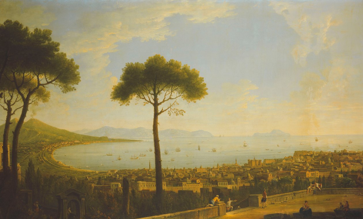 Panoramiczny widok na Neapol, Zatokę Neapolitańską, Portici, Wezuwiusz, Półwysep Sorrento i Capri z Conocchia, autorstwa Pietro Fabris