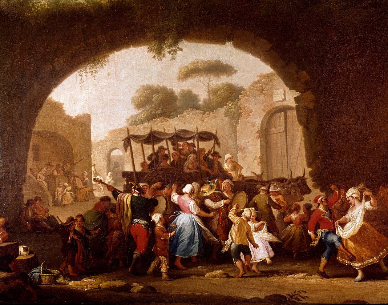 Scena taneczna i popularna impreza w Neapolu Szczegóły. Tancerze tarantelli (tarantella, tarantella). Obraz Pietro Fabris (aktywny w latach 1763-1776) XVIII-wieczny Neapol, Museo Nazionale di San Martino autorstwa Pietro Fabris