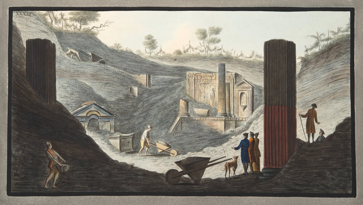 Wczesne wykopaliska w Herkulanum, w których Sir William był aktywny przy wsparciu monarchów, z „Campi Phlegraei: Obserwacje na wulkanach Dwóch Sycylii” Williama Hamiltona, 1776 autorstwa Pietro Fabris