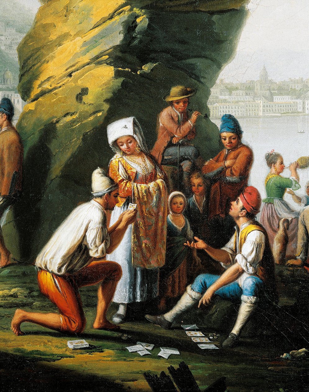 Scena życia codziennego w jaskini Posillipo, mężczyźni grający w karty, autorstwa Pietro Fabris (czynny 1768-1778), olej na płótnie, detal autorstwa Pietro Fabris