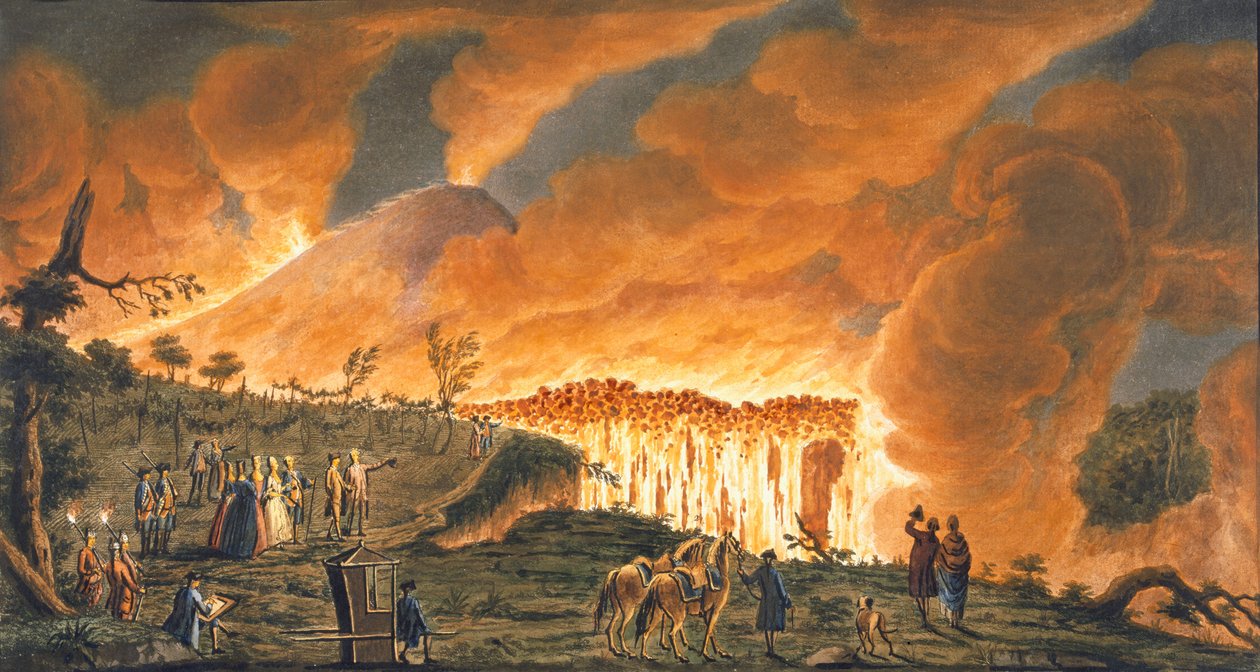 Widok Hamiltona eskortującego swoje sycylijskie majestaty w dniu 11 maja 1771, aby obserwować wypływ lawy z wielkiej erupcji Wezuwiusza. autorstwa Pietro Fabris