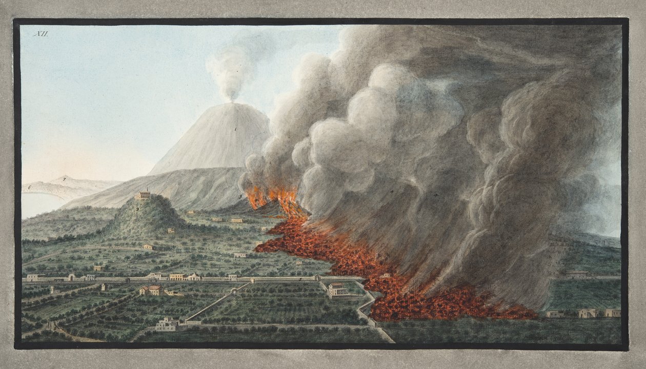 Widok erupcji Wezuwiusza, która rozpoczęła się 23 grudnia 1760 i zakończyła 5 stycznia 1761, płyta 12 z „Campi Phlegraei: Obserwacje wulkanów dwóch Sycylii”, Sir William Ham autorstwa Pietro Fabris