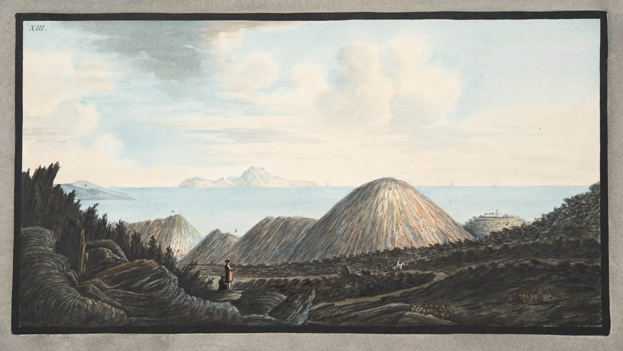 Widok obecnego stanu małej góry wzniesionej w wyniku eksplozji w roku 1760, Tablica XIII, z „Campi Flegrei: Obserwacje wulkanów Obojga Sycylii”, autorstwa Sir Williama Hamiltona autorstwa Pietro Fabris