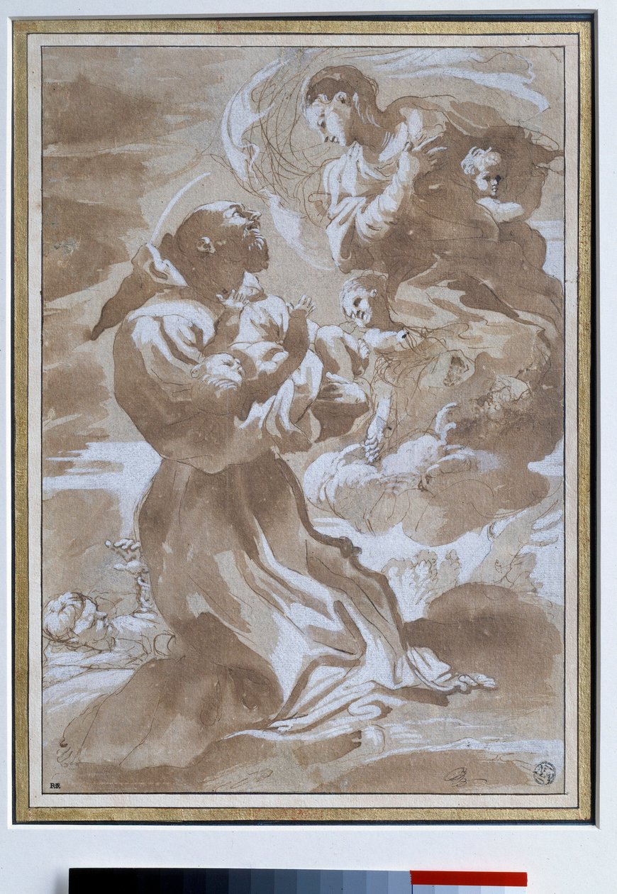 Dziewica oddająca Dzieciątko Jezus św. Franciszkowi z Asyżu Rysunek Pietro Faccini (1560-1602) XVI-wieczne słońce. 0,23 x 0,33 m Paryż. Muzeum w Luwrze autorstwa Pietro Faccini