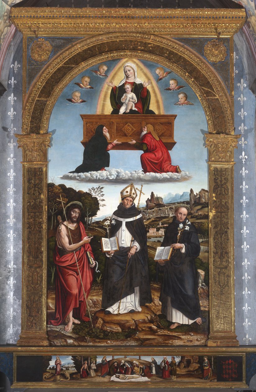 Madonna Odigitria ze świętymi: Janem Chrzcicielem, Antoninem z Florencji i Mikołajem z Tolentino autorstwa Pietro Francesco (1485-1528) Sacchi