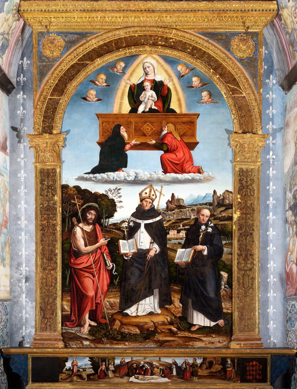 Odigitria Madonna ze świętymi Janem Chrzcicielem, Antoninusem z Florencji i Nicola da Tolentino, sygn. autorstwa Pietro Francesco (1485 1528) Sacchi