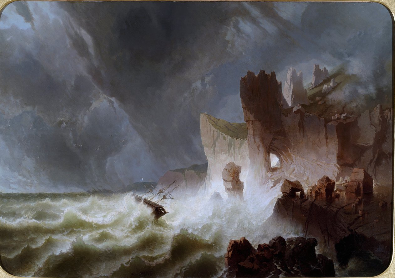 Lido solitario Morski krajobraz, ze statkiem złapanym przez sztorm i rozbił się na klifach. Obraz Pietro Giurii (XIX w.) Wym. 140x200 cm Genes Nervi, Galleria d