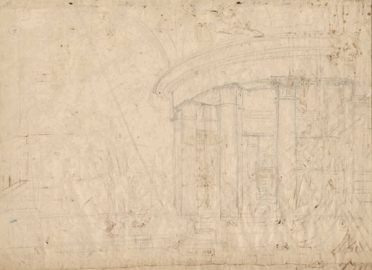 Fantazja architektoniczna o okrągłej świątyni otoczonej ambitem (verso) autorstwa Pietro Gonzaga