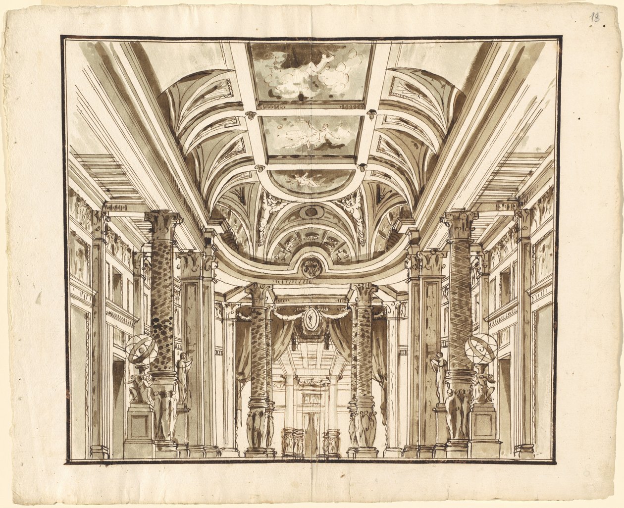 Fantazja wielkiej sali z kolumnami z plecionki autorstwa Pietro Gonzaga