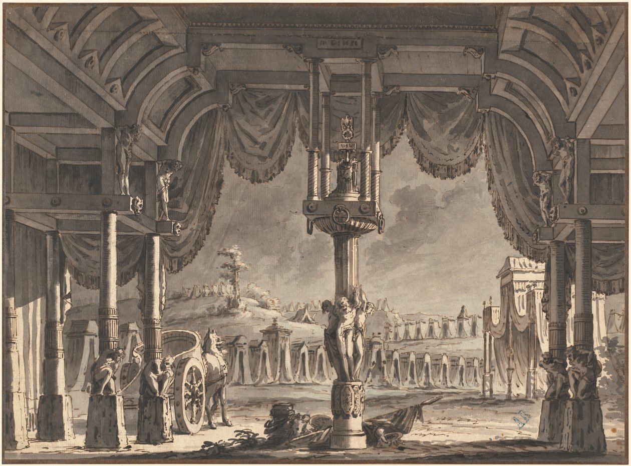 Scenografia starożytnego rzymskiego obozowiska nocą (recto) autorstwa Pietro Gonzaga