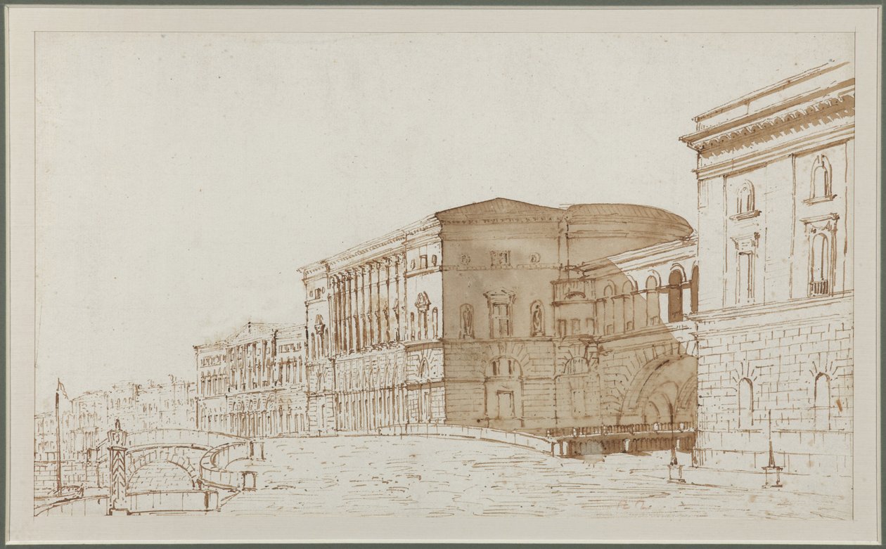 Teatr Ermitaż w Sankt Petersburgu - Pietro di Gottardo Gonzaga (1751-1831). Pióro, pędzel, brązowy kolor na papierze autorstwa Pietro Gonzaga
