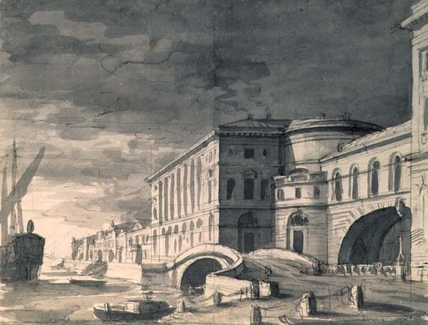 Widok Nabrzeża Newy z Ermitażem w centrum, po 1802 (pióro, pędzel, atrament i ołówek) autorstwa Pietro Gonzaga