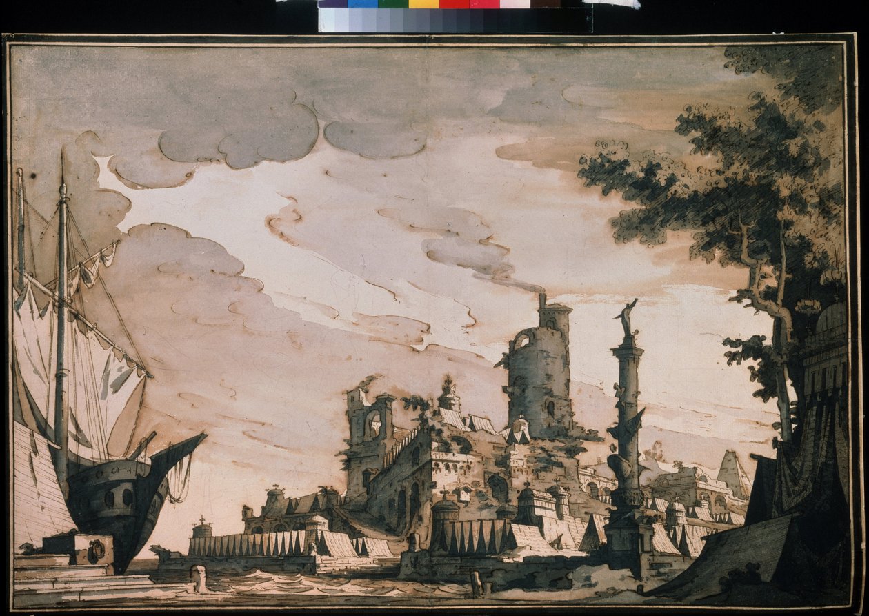 Wystrój teatru „Widok na port”. Akwarela Pietro di Gottardo Gonzaga (1751-1831) 1818. Akwarela i tusz na papierze. Moskwa, Muzeum Puszkina autorstwa Pietro Gonzaga