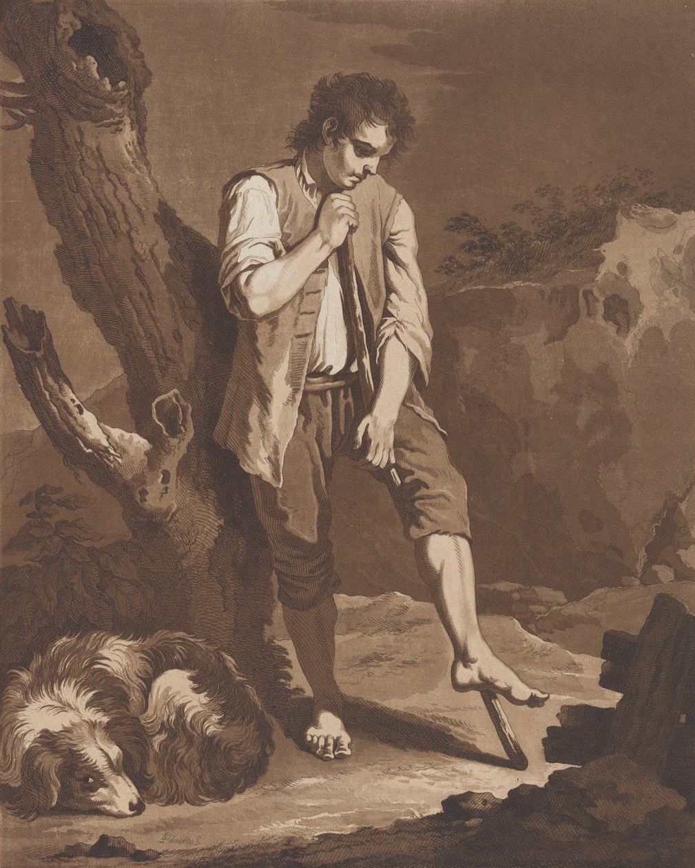 The Shepherds Rest, młody człowiek odpoczywający na patyku, podczas gdy jego pies leży u jego stóp..., ok. godz. 1757-1804. autorstwa Pietro Jacopo Palmieri