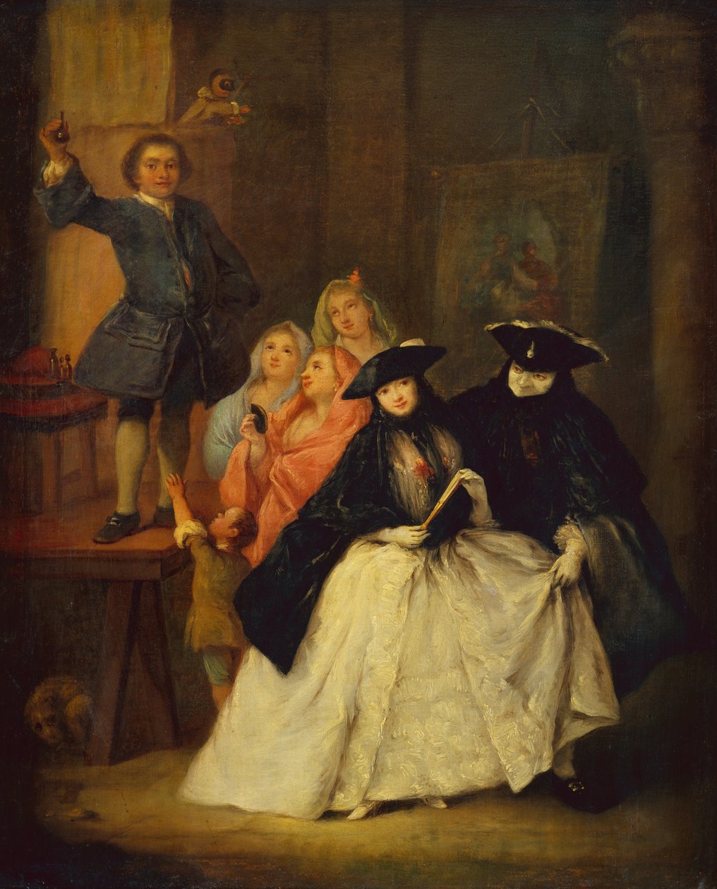 Szarlatan na platformie z zamaskowanymi postaciami na pierwszym planie (olej na płótnie) autorstwa Pietro Longhi