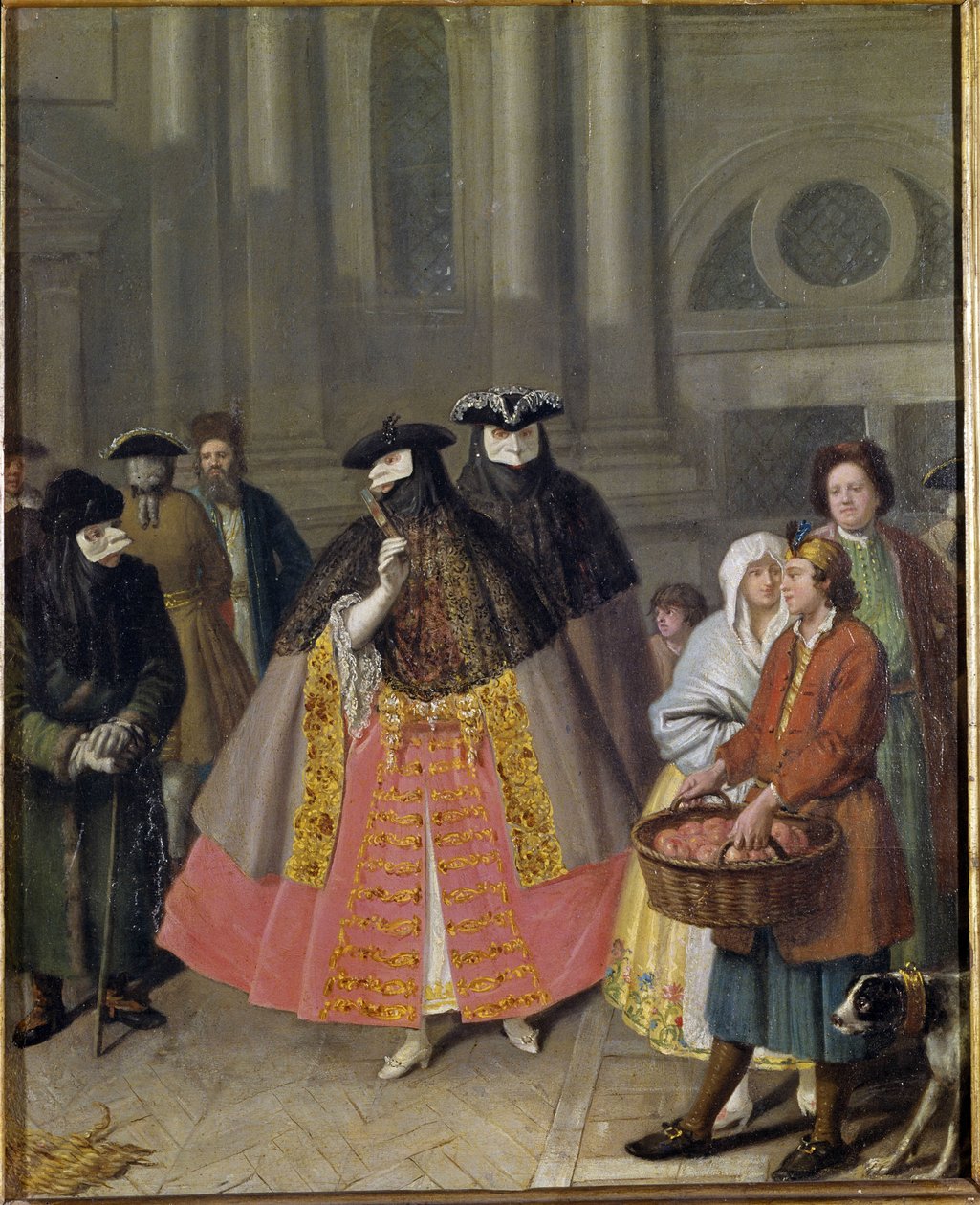 Rozmowa z maskami lub sprzedawcą jabłek autorstwa Pietro Longhi