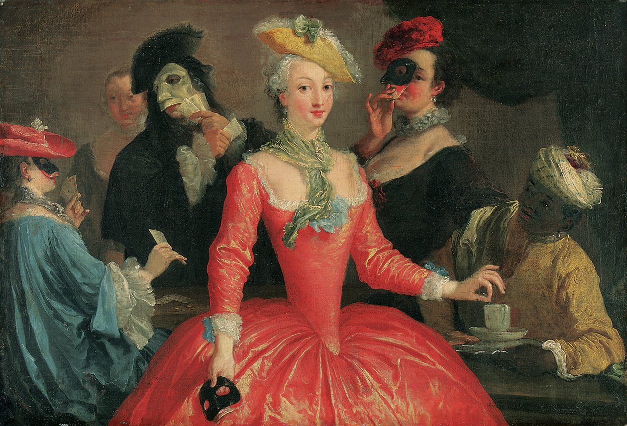 Elegancka firma w stroju maskowym biorąca kawę i grająca w karty autorstwa Pietro Longhi