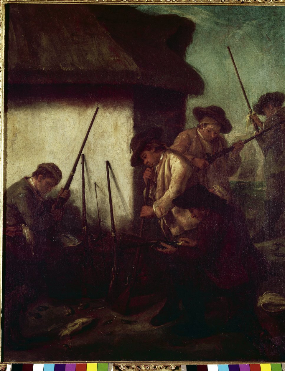 Polowanie w dolinie: przygotowanie broni - Obraz Pietro Longhi (1702-1785), olej na płótnie, 61x50 cm autorstwa Pietro Longhi