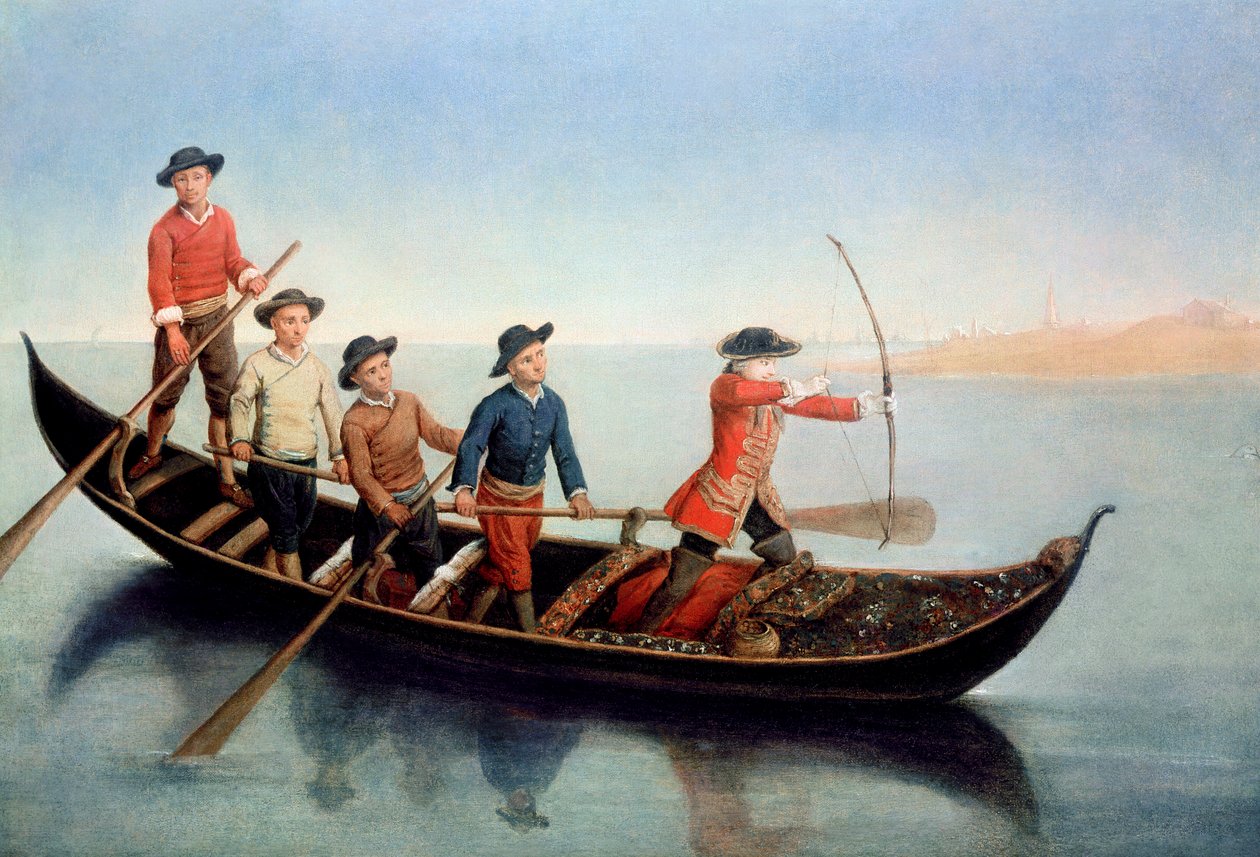 Polowanie na dziką kaczkę z łukiem i strzałami autorstwa Pietro Longhi