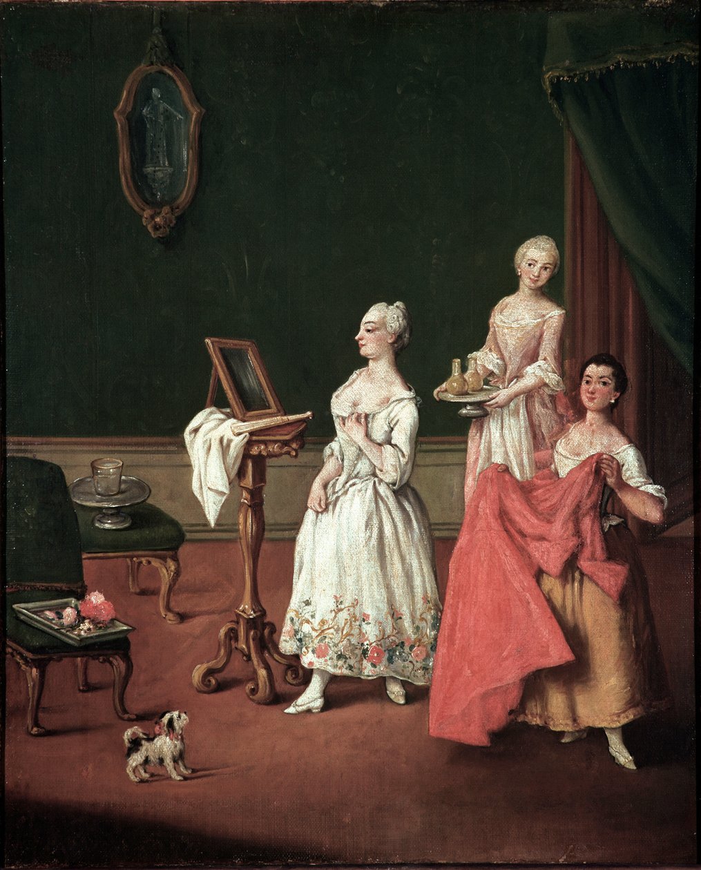 La toaleta (Sesja ubierania się) Wenecki arystokrata zatrzymany przed lustrzanym adiutantem dwóch służących - Obraz Pietro Longhi (1701-1785) 1760 Dim 61x50 cm Wenecja, Ca 