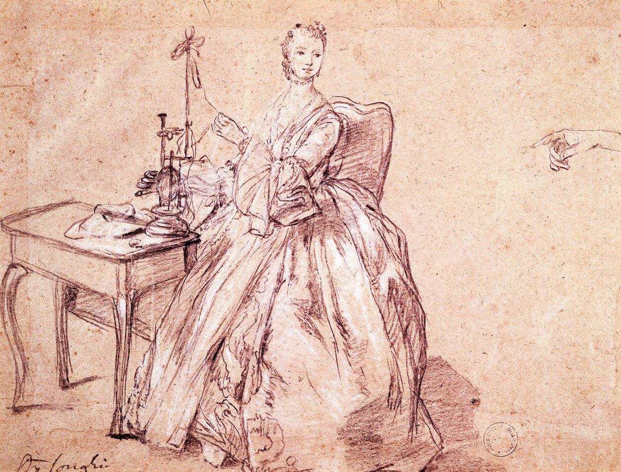 Przędzająca nić, autorstwa Pietro Longhi (1701-1785), rysunek autorstwa Pietro Longhi