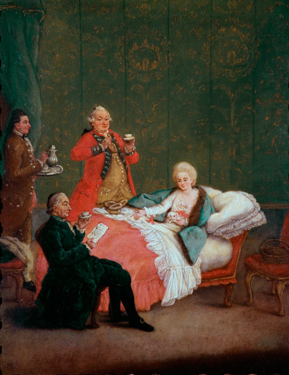 Poranna czekoladowa młoda szlachcianka leży w swoim łóżku obsługiwanym przez trzech mężczyzn. Obraz Pietro Longhi (1702-1785) 1775-1780. Ciemny. 60x47 cm Ca 