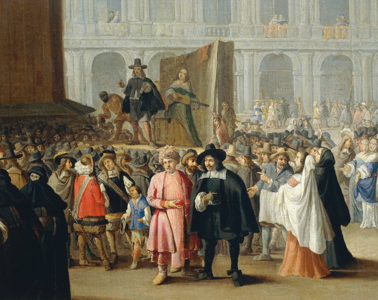 Przedstawienie komediantów podczas karnawału na placu św. Marka w Wenecji, ze szkoły Pietro Longhi, detal autorstwa Pietro Longhi
