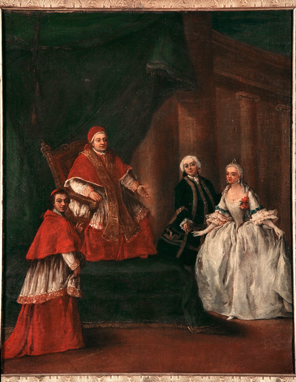 Reprezentacja papieża Klemensa XIII (1693-1769) z jego siostrzeńcem Ludovico Rezzonico i żoną Faustyną Savorgnan (papież Klemens XIII z bratankiem Ludovico Rezzonico i jego żoną Faustyną Savorgnan) Obraz Pietro Longhi (1702-1785) 1758-1762 Dim 52x50 autorstwa Pietro Longhi