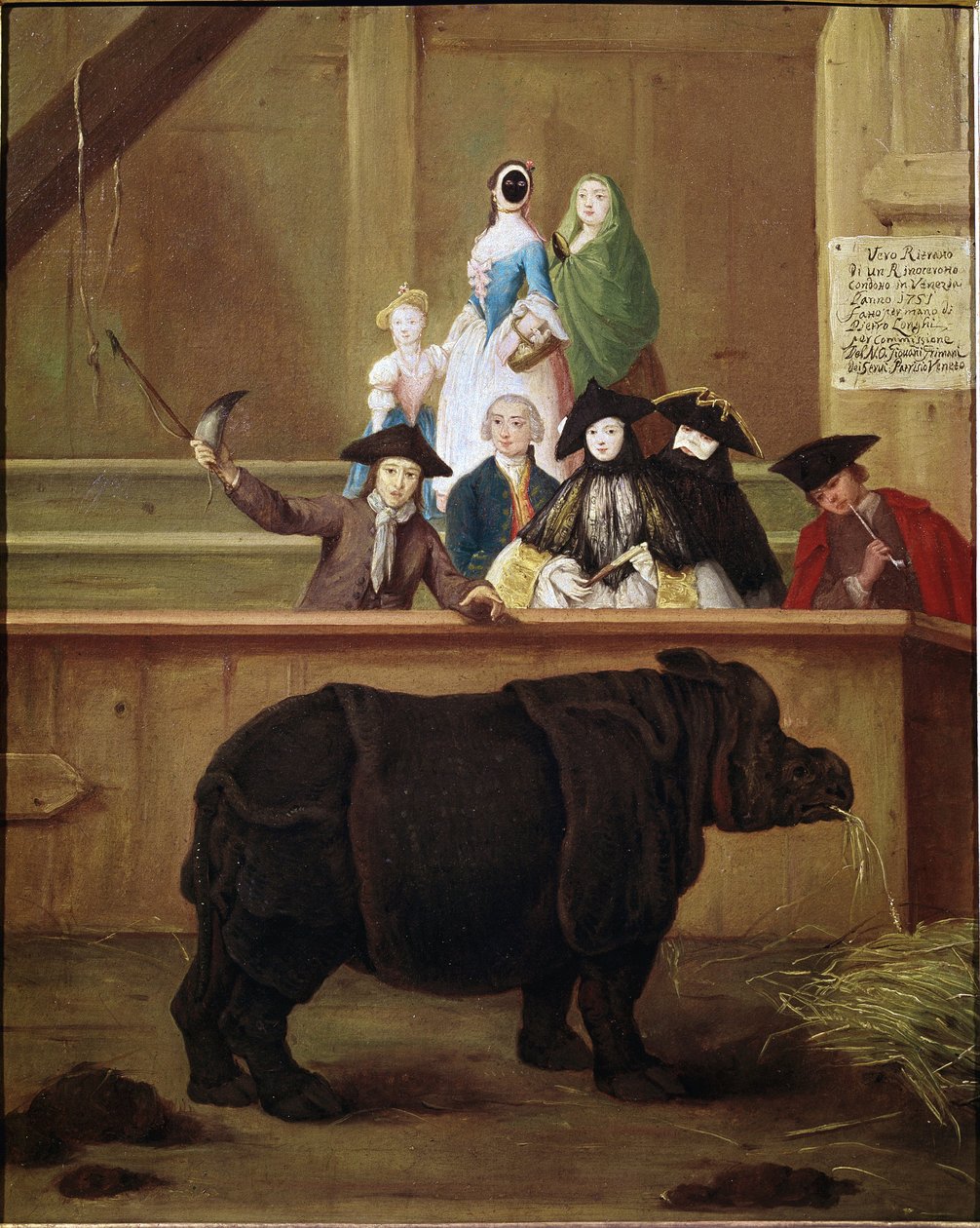 Nosorożec: wystawa Klary, nosorożca indyjskiego. Obraz Pietro Longhi (1702-1785). 1751. XVIII-wieczne muzeum weneckie. Ca 