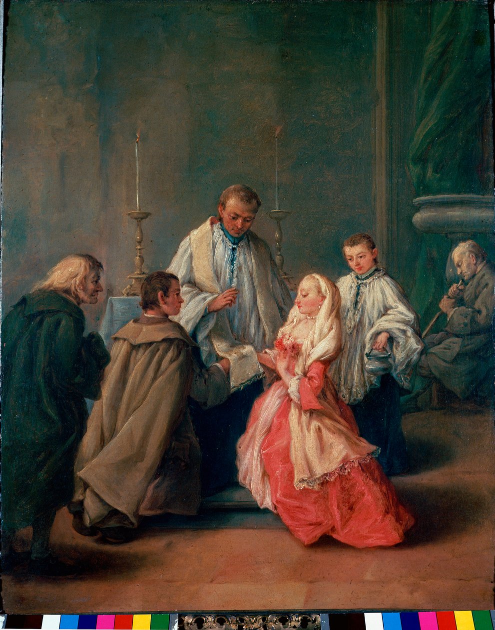 Sakramenty: „” Ceremonia ślubna ”” Obraz Pietro Longhi (Pietro Falca) (1702-1785) ok. 1755 r. Niedz 62x50 cm Wenecja, Galeria Obrazów Querini-Stampalia autorstwa Pietro Longhi