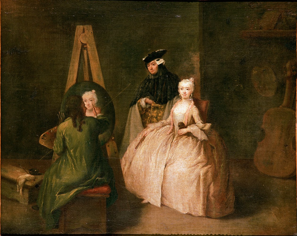 Pracownia malarza Malarz przed sztalugą przedstawia młodą kobietę. Obraz Pietro Longhi (1702-1785) 1740-1745 Nd. 44x53 cm Wenecja, Ca 