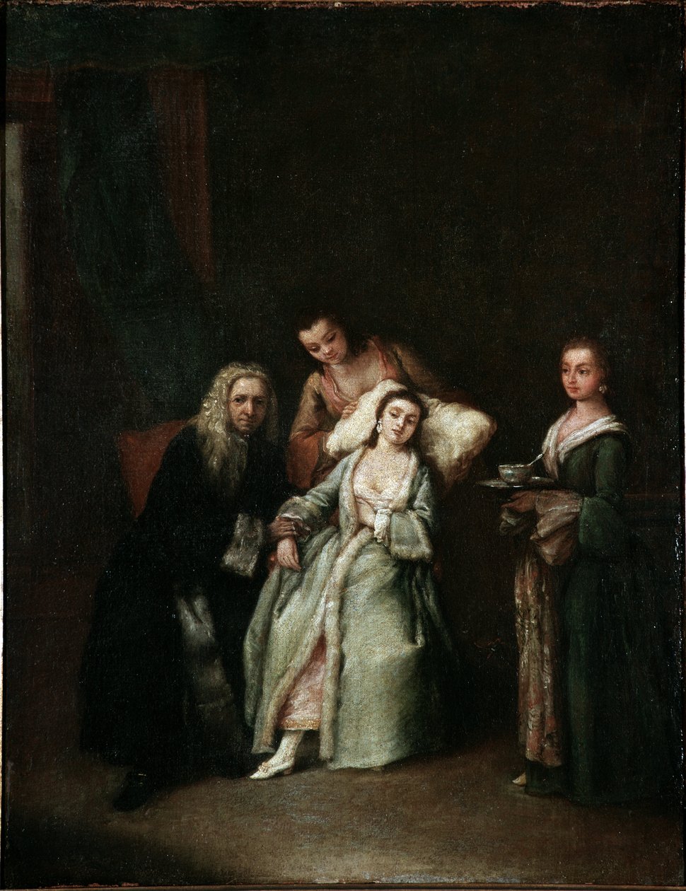 Chora kobieta Wizyta lekarza mierzącego puls chorym Obraz Pietro Longhi (1702-1785) 1741 Dim 52x41 cm Wenecja, Ca Rezzonico, n 134 autorstwa Pietro Longhi