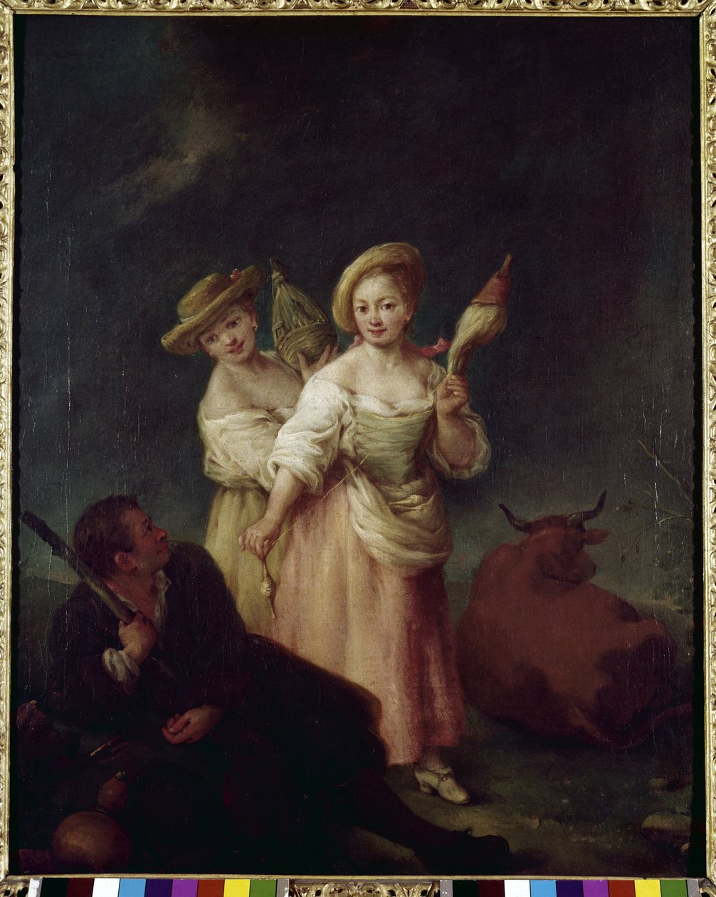 Prządki (filatrici) - Obraz Pietro Longhi (1702-1785), olej na płótnie, 60x49 cm, ok. 1760. Wenecja, Fundacja Querini Stampalia. autorstwa Pietro Longhi