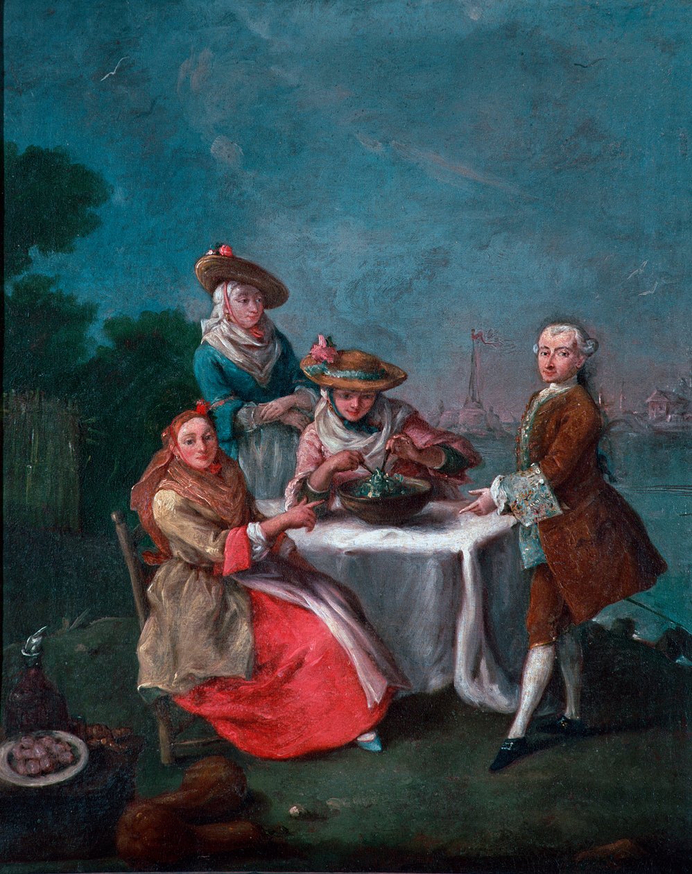 Do spróbowania w ogrodach ujścia Wenecji w Cartosa lub Vignole Dwie kobiety w podróżnych garniturach, jedna z nich przyprawiała sałatkę. Obraz Pietro Longhiego (1702-1785) 1759 ok. Słońce. 62x50 cm venise, Ca 