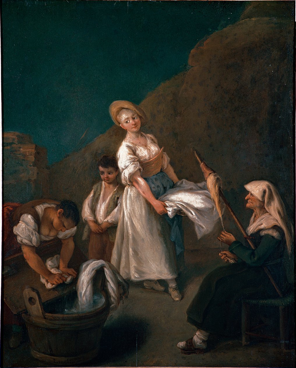 Młode kobiety piorące pranie w śmietnikach, starsza kobieta na właściwych rzędach wełny. Obraz Pietro Longhi (1702-1785) ok. 1740 r. Słońce. 61x50 cm Wenecja, Ca 