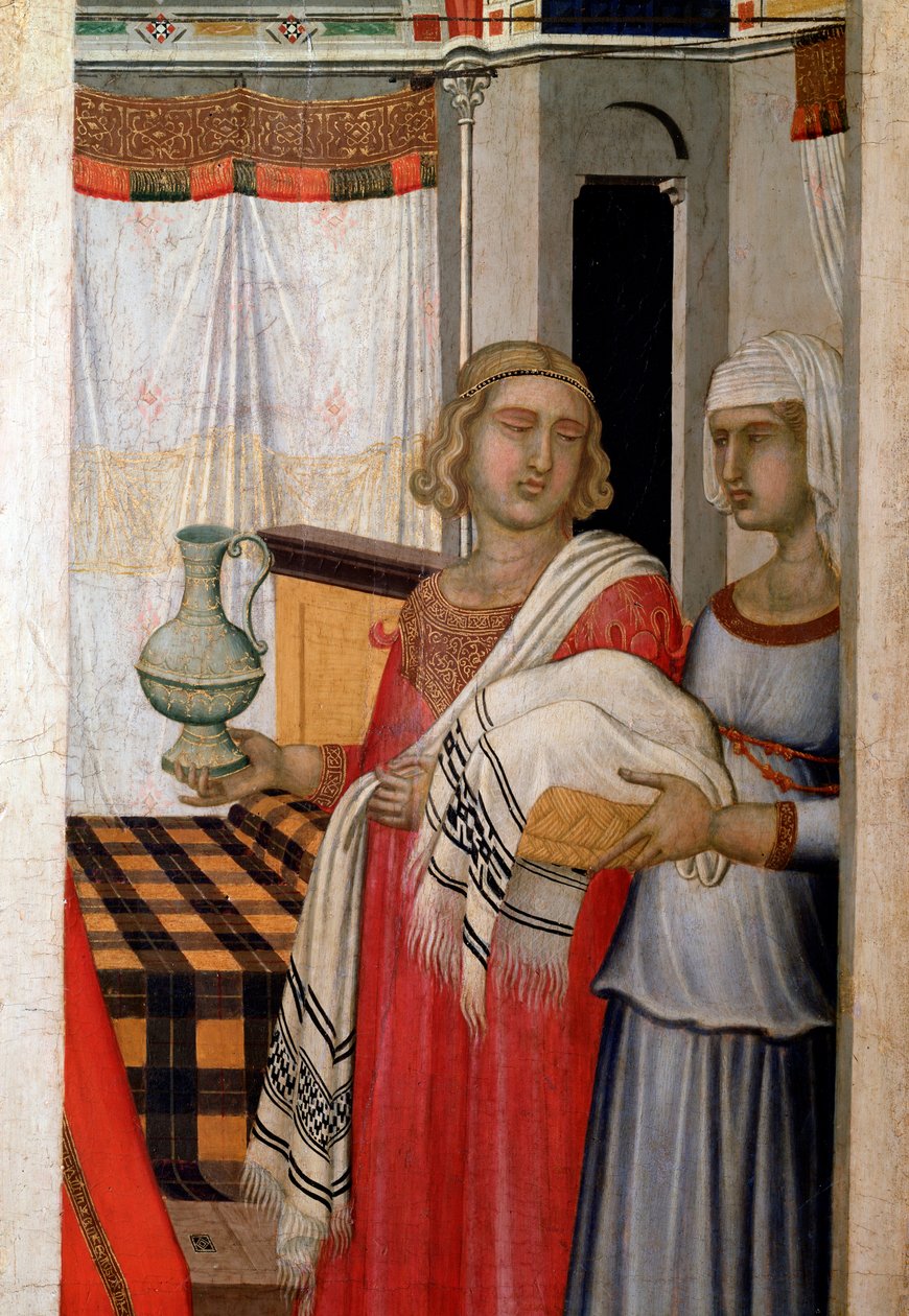 Narodziny dziewicy, szczegół położnych z rodzącą - Obraz na drewnie autorstwa Pietro Lorenzetti
