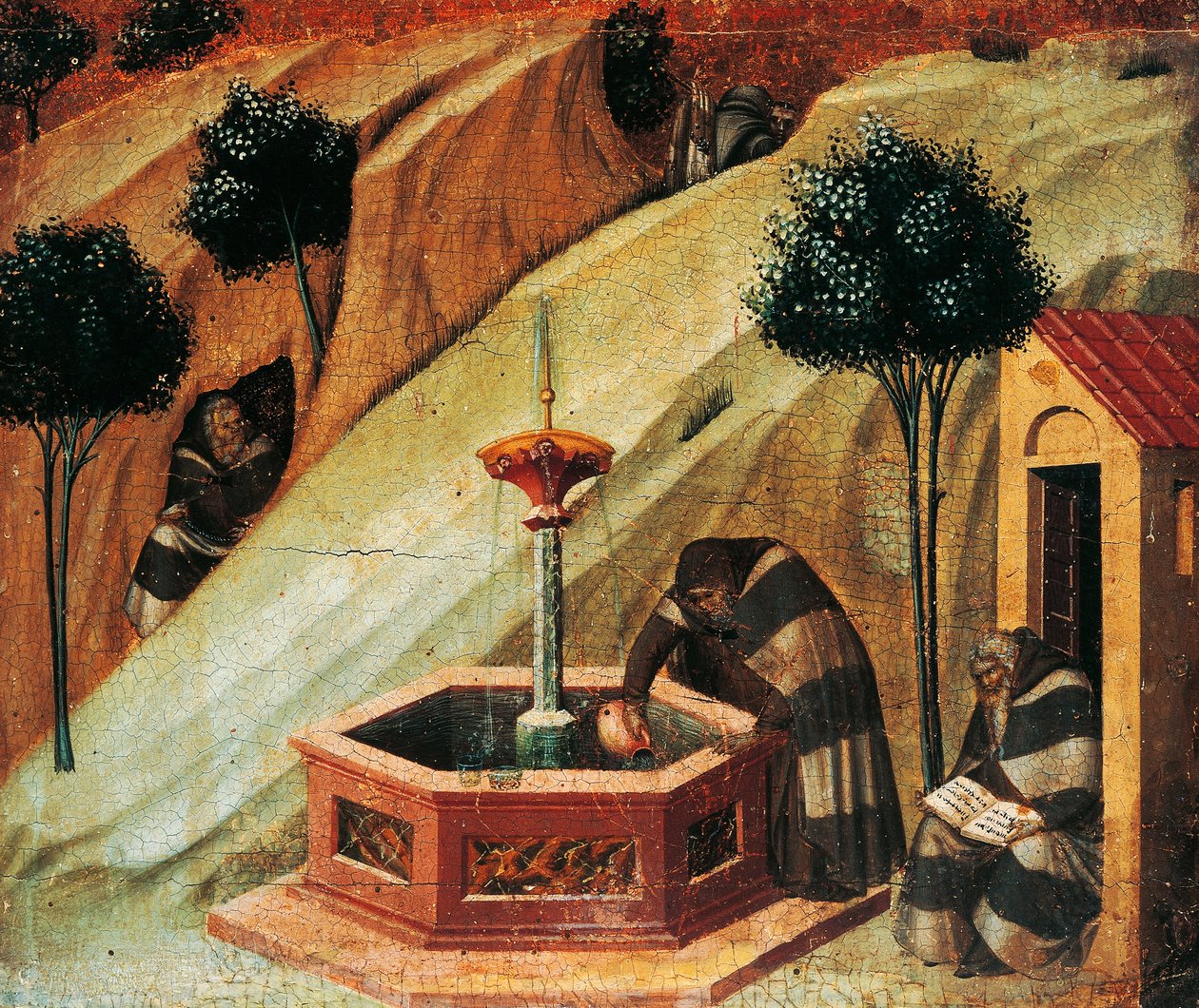 Karmelita czerpie wodę ze źródła proroka Eliasza, detal z podestu ołtarza karminowego autorstwa Pietro Lorenzettiego (ok. 1280-1348), tempera i złoto na desce autorstwa Pietro Lorenzetti