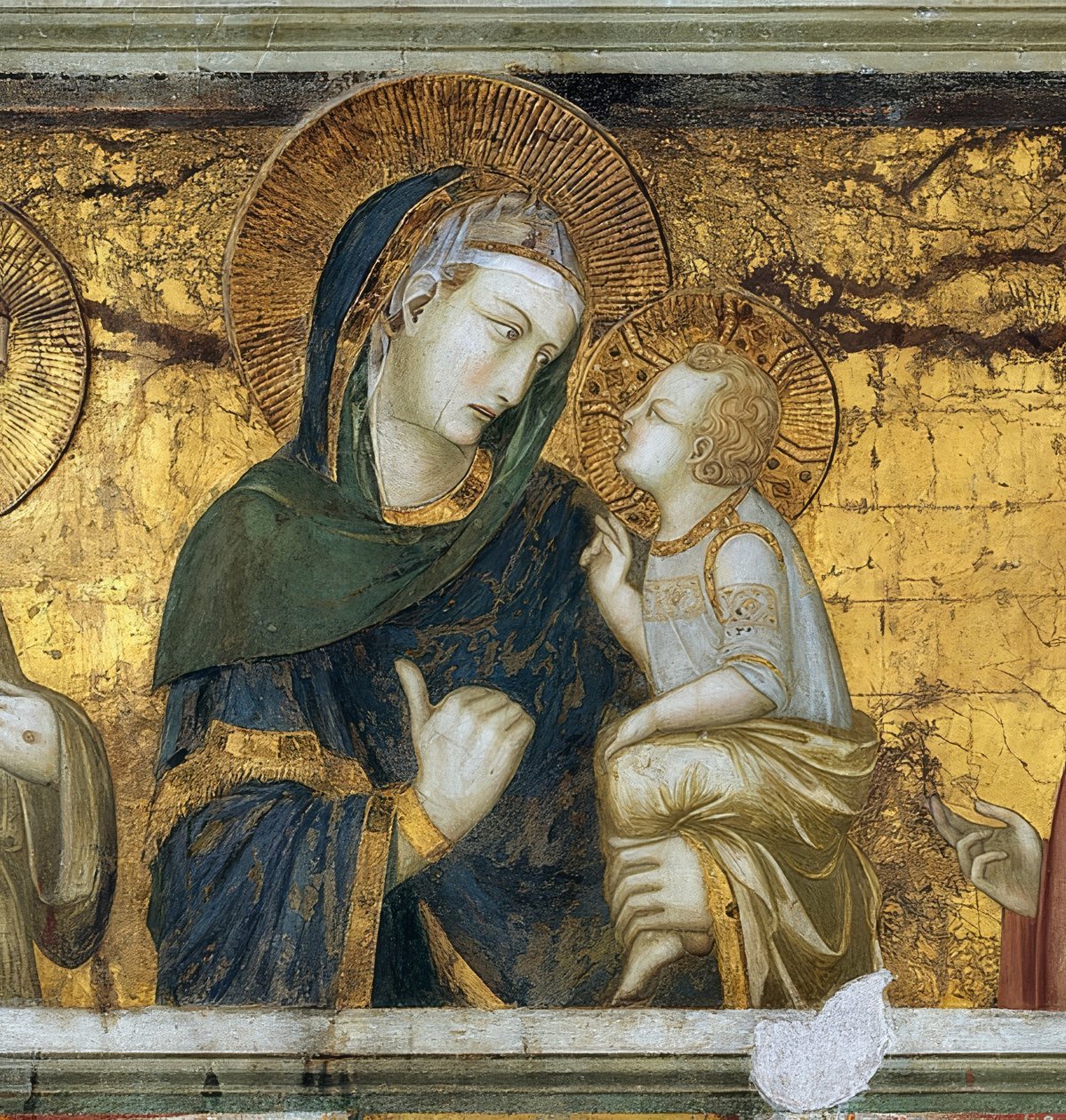 Dziewica z Dzieciątkiem między Franciszkiem z Asyżu a Janem Ewangelistą. Szczegół. 1315-1319 autorstwa Pietro Lorenzetti